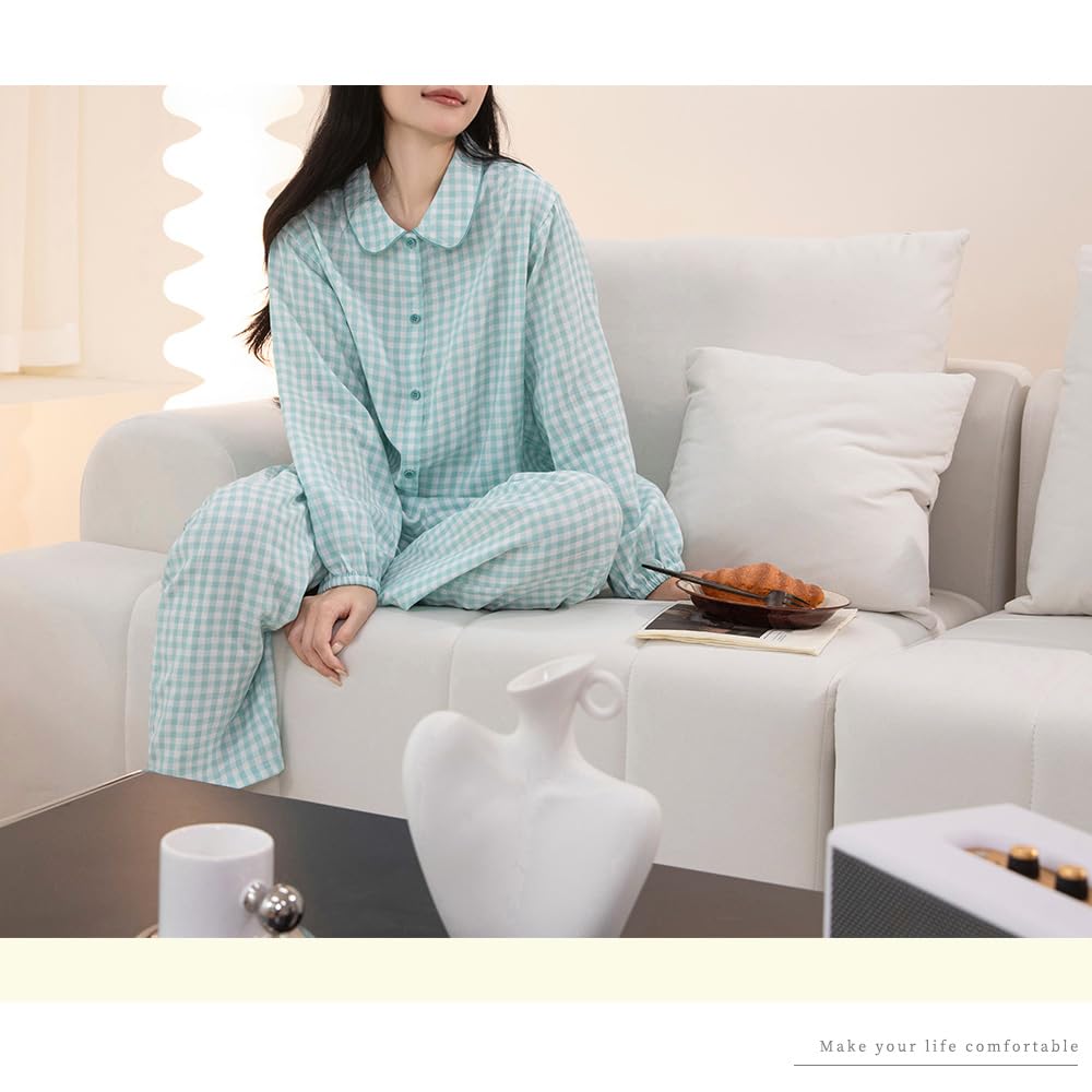 Yes Family Double Gauze Long Check Size Green Women's Pajamas, 100% Cotton, Sleeves, Loungewear, Pants, Pattern, L,