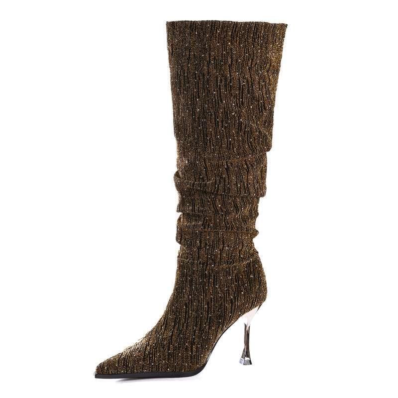 Women's New Autumn Thin Heel Single Boots Pointed Sleeve Sequin Cloth Anti-slip Wear-resistant Boots