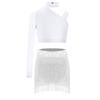 Top Cropped de Ombro Assimétrico para Meninas com Franjas de Strass Brilhantes Conjunto para Performance de Dança