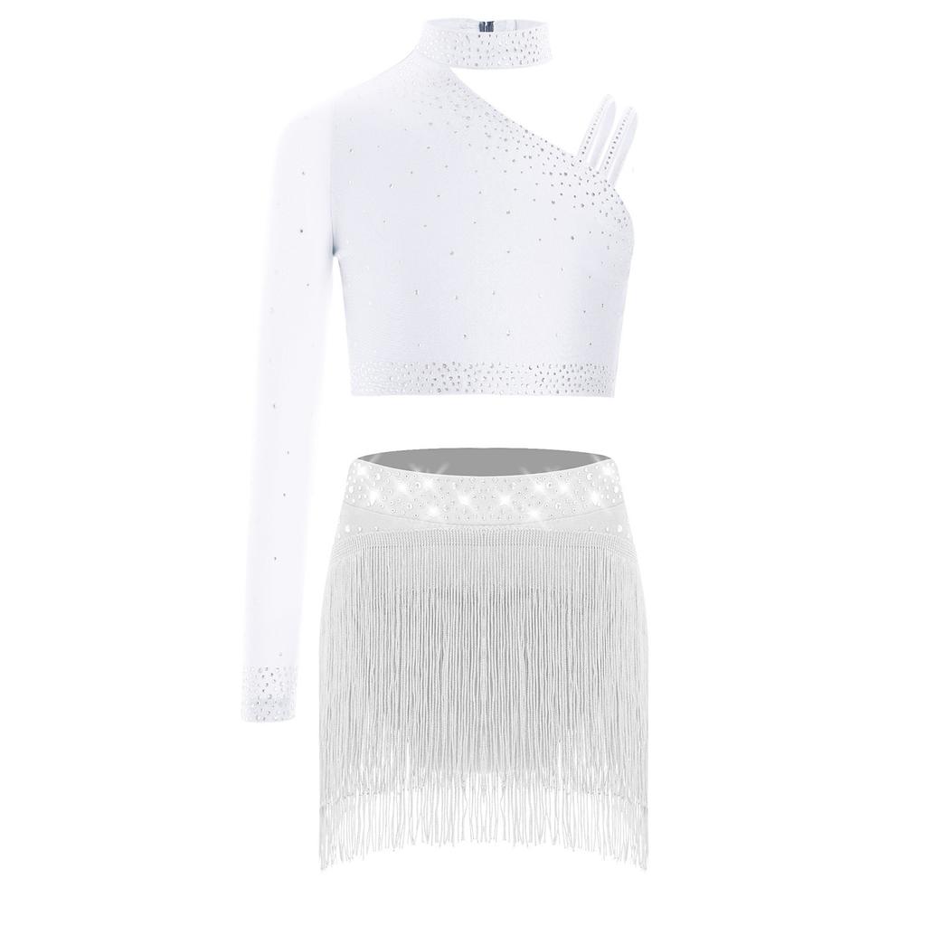 Top Cropped de Ombro Assimétrico para Meninas com Franjas de Strass Brilhantes Conjunto para Performance de Dança