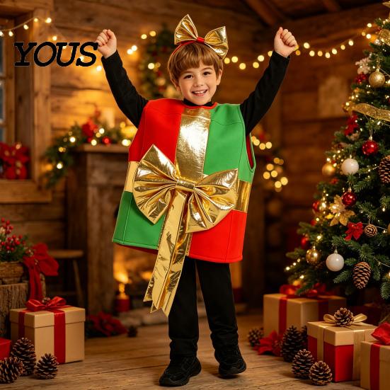 Indoor Outdoor Winter Play Clothes Christmas Box Costume for Kids, Santa Gift Dress Up Outfit Festive Holiday Performance Party, Soft Plush