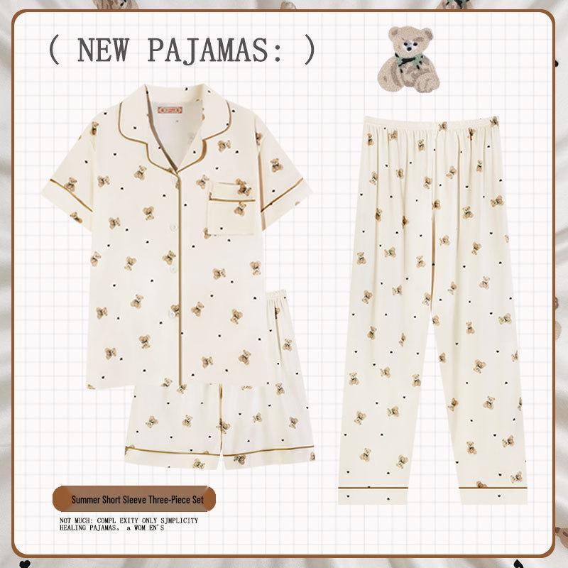 Pastoral Women's Pajama Set: Soft, Cute Rabbit Design, Short-Sleeve, Casual Three-Piece Loungewear.