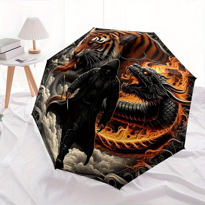 1pc Tiger and Dragon in Fiery Clouds Automatic Open/CloseUmbrella,Compact Umbrella for Men & Women Day Gift.N092