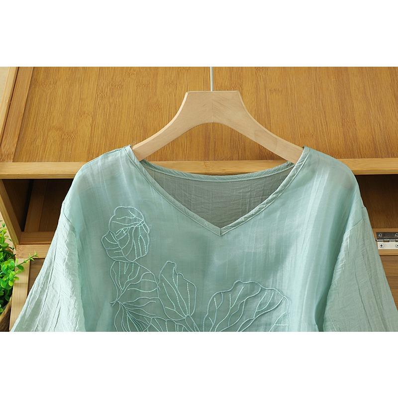 DIMANAF 2026 Women Plus Size New Summer Blouse Shirt Short Sleeve Casual Loose Lady Tops Shirts Linen Embroidery