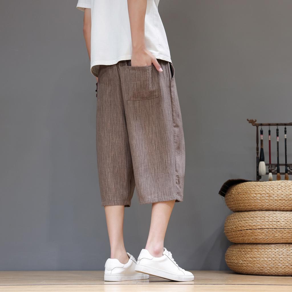 Summer Thin Men's Ice Silk Imitation Hemp Feel, Loose Casual Pants Striped Printed Cropped Pants
