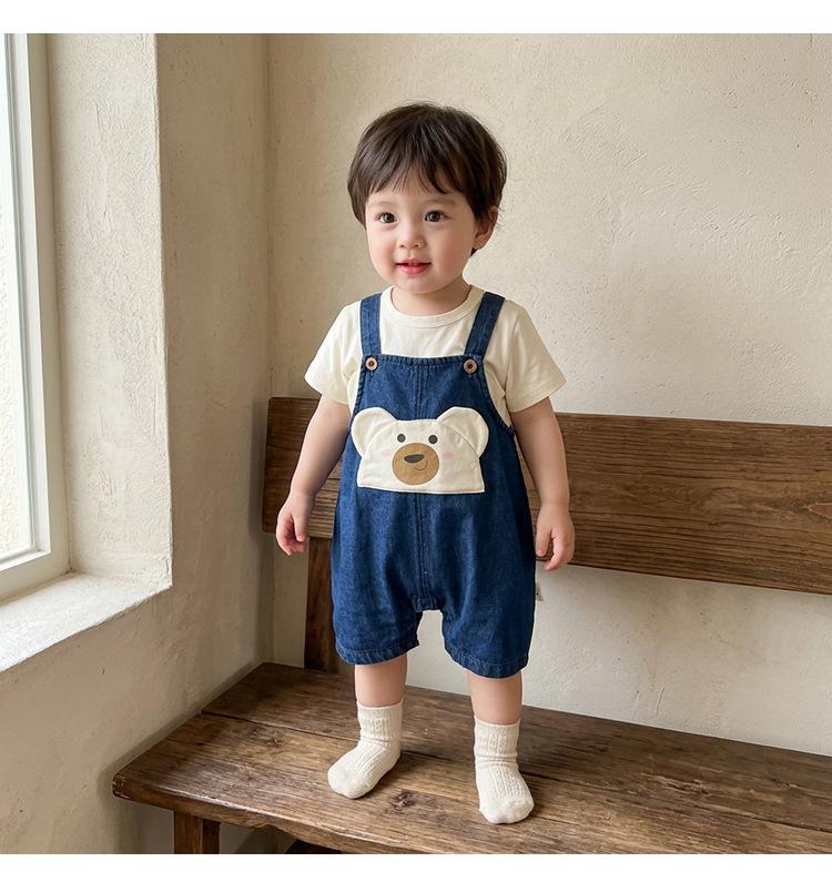 Toddler Boys' Cartoon Denim Overalls & T-Shirt Set - Casual Summer Wear