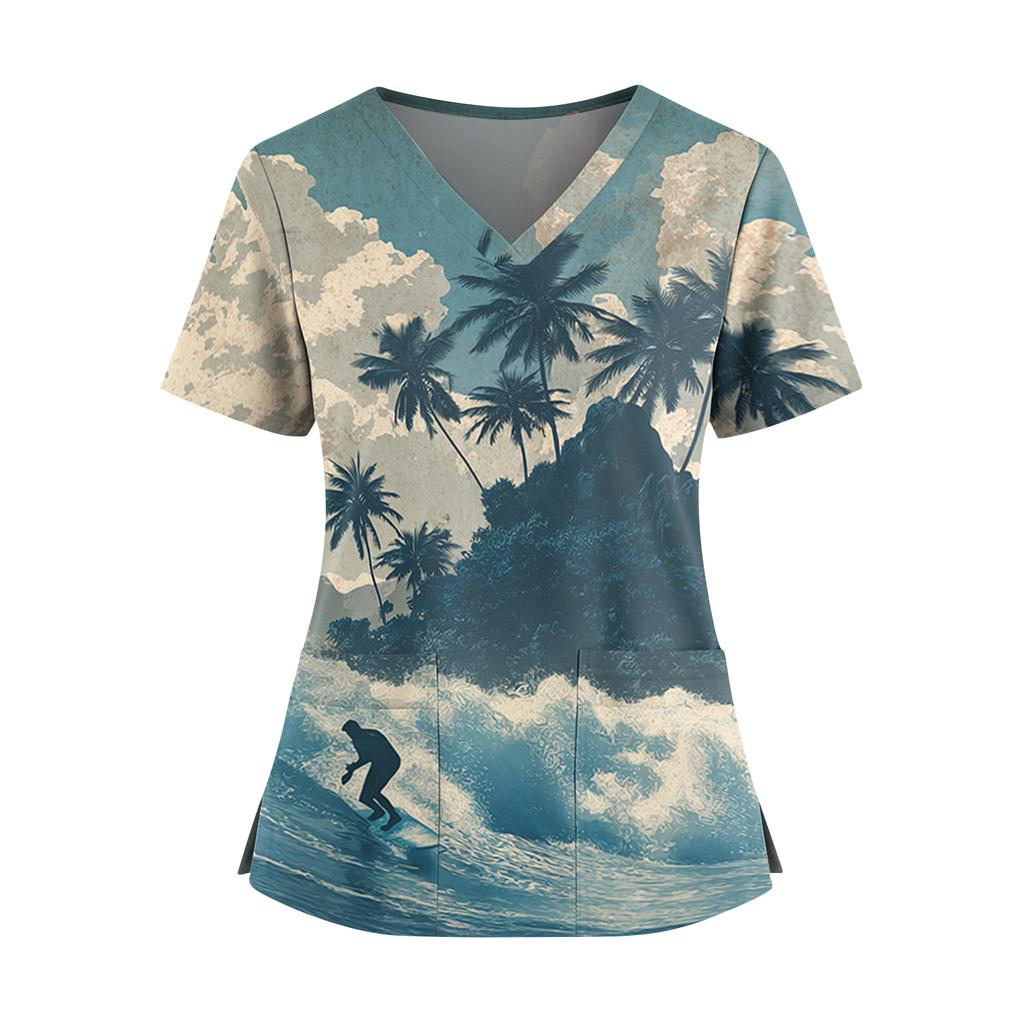 Women's Hawaiian Print V-Neck Double Pocket Short Sleeve Uniform/ Top