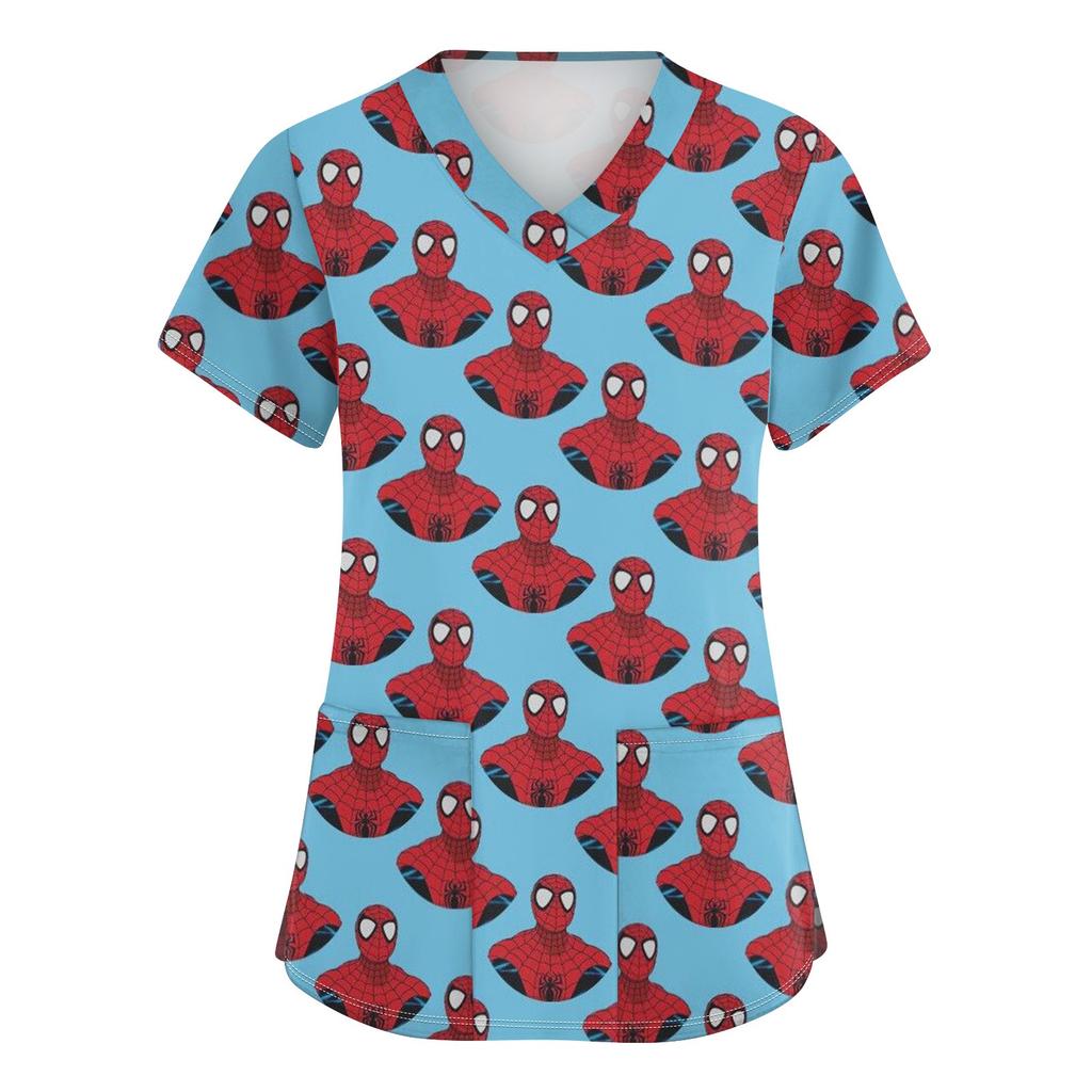 Women's Fashion V-neck Short Sleeve Workwear With Pockets Printed Tops