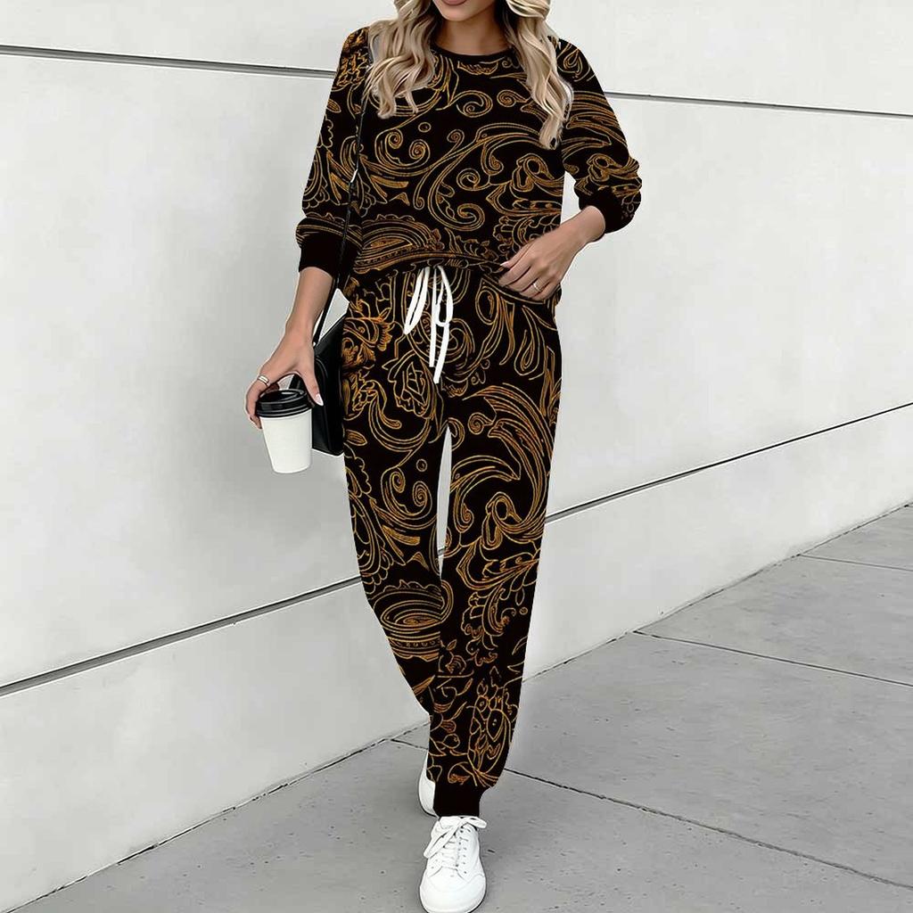 Women Retro Pattern Print Two Piece Outfit, Long Sleeve Crew Neck Top & Drawstring Jogger Pants Casual Tracksuit for Spring Autumn