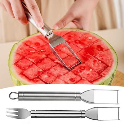 חותך אבטיח נירוסטה 2 ב-1 מזלג פירות כלי חיתוך ראש כפול פורס פירות נייד פורס אבטיח מכונת חיתוך פירות למטבח