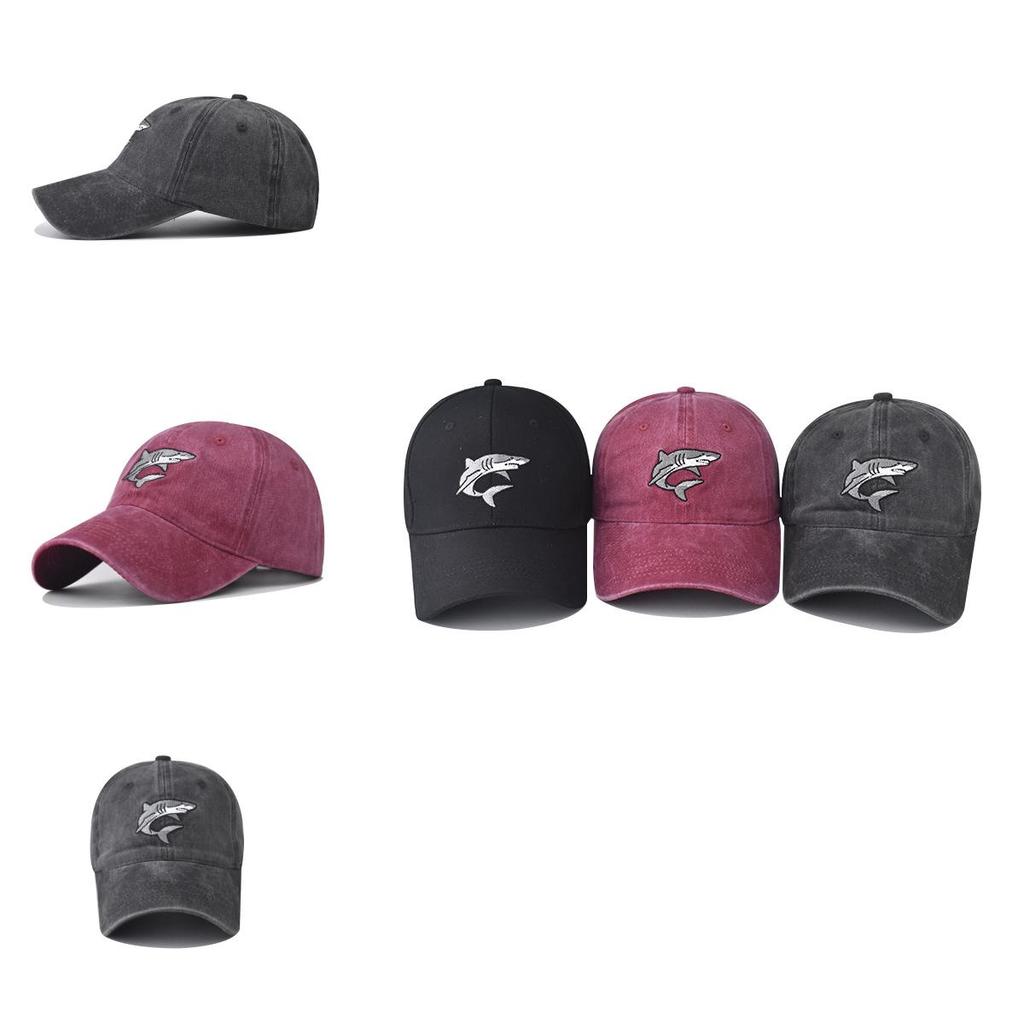 Cotton Wash Distressed Shark Embroidered Baseball Hat With Curved Brim For Outdoor Wear
