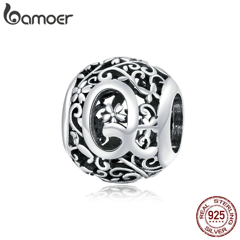 BAMOER 925 Silver Retro Letter Charms Hollowed Alphabet A-Z Round Beads for Women Bracelet DIY Jewelry Making