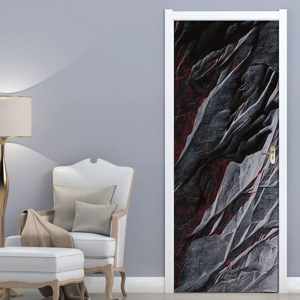 1 Set/2 Pcs 3D Door Sticker, Tear Off Detachable Waterproof Door Wallpaper Decor Black Red Marble Sticker Art Decor