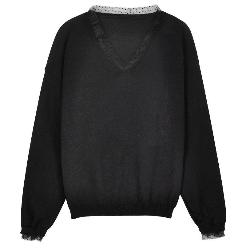 Design-Sense Lace V-Neck Long-Sleeve Knitwear for Spring and Autumn Women's Black Base Layer Sweater Top