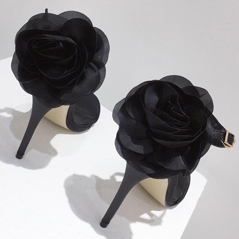 Modne Eleganckie Damskie Sandały na Wysokim Obcasie 11cm Kwiatowe Ślubne Imprezowe Szpilki Jedwabne Sandałki Pani Fetysz Paskowe Buty