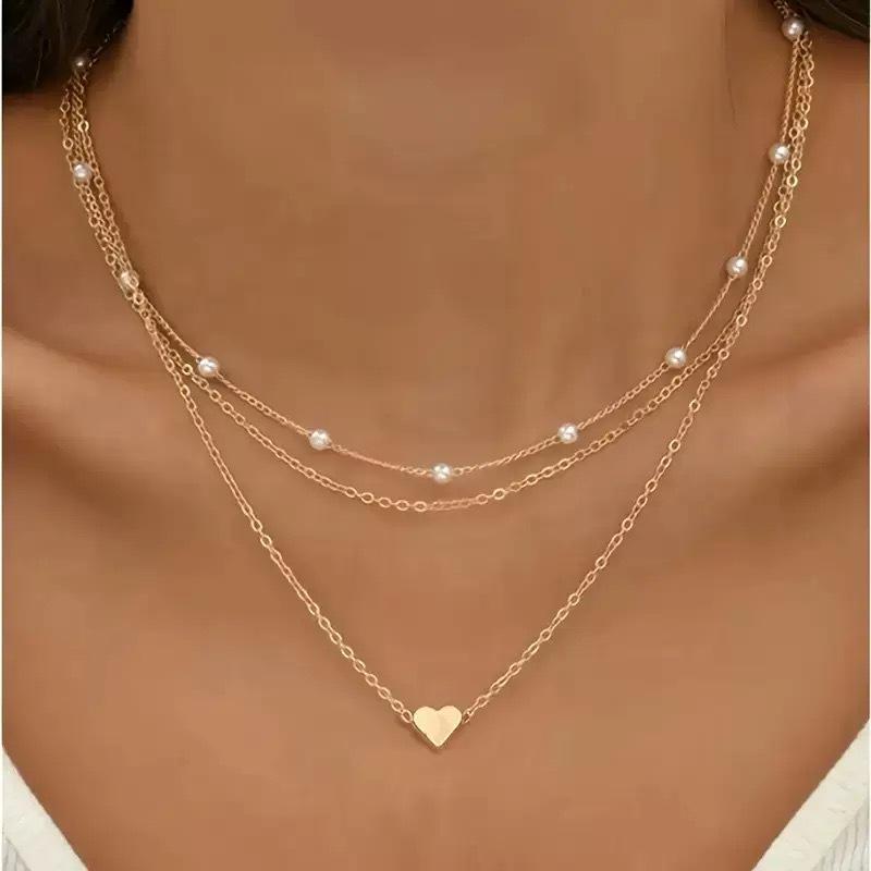 Vintage Pearl Heart Multi-layer Pendant Necklace - Women's European & American Choker