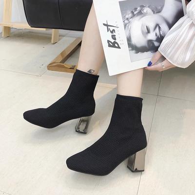 Fashion Autumn/Winter Elastic Knitted Boots for Women Shoes Square Head Thick High Heel Mid-Calf Sock Ankle Boot Botines Mujer