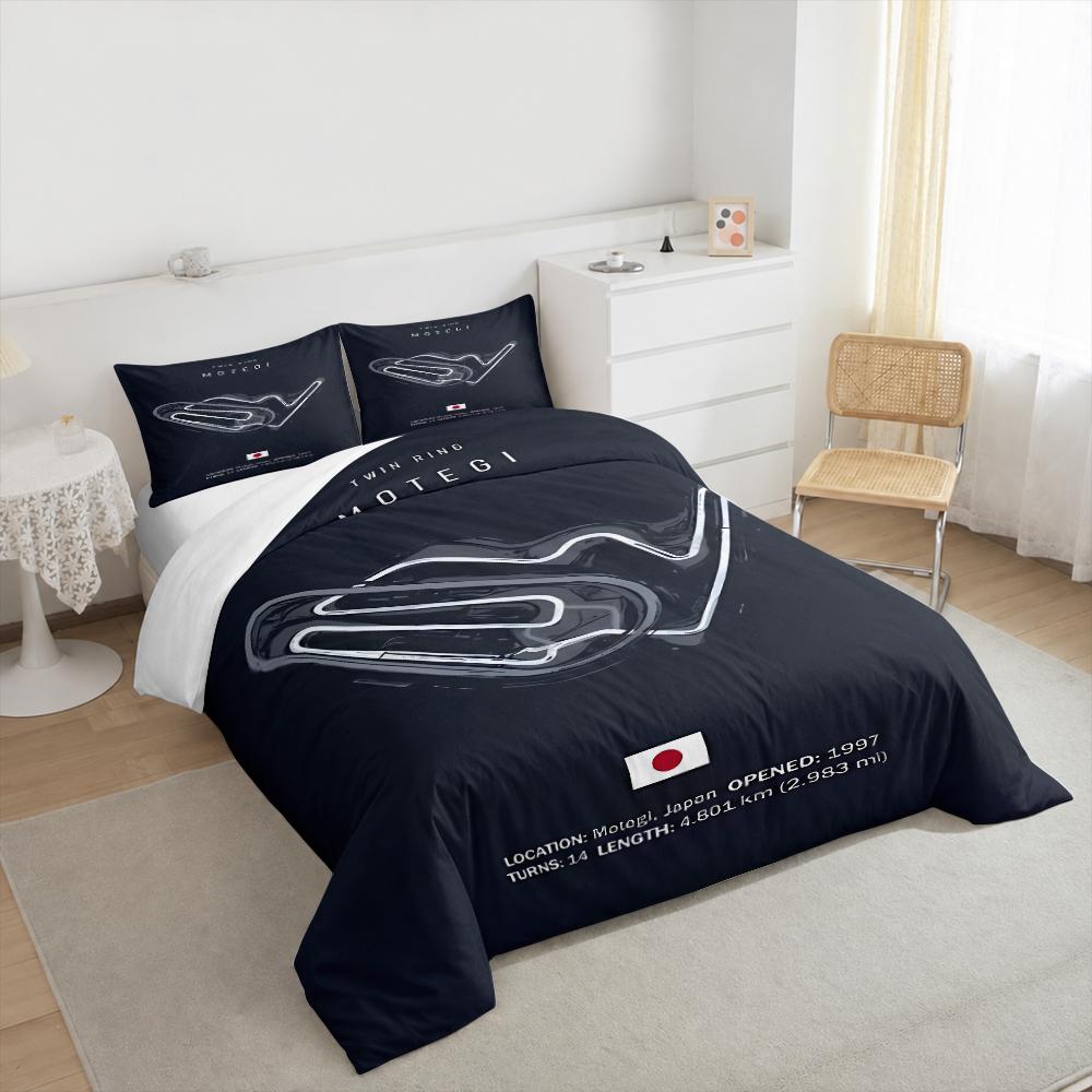 Twin Ring Motegi Map Bedding set (1 duvet cover, 2 pillowcases, duvet not included), Minimalist Dark Japanese Circuit Outline Art Print
