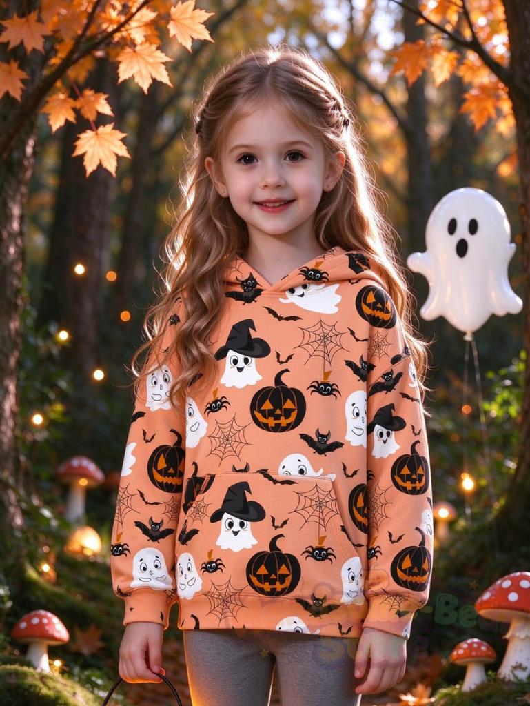 Girl Clothes Halloween Hoodies Purple Ghost Pumpkin Bat 3D Full Print Long Sleeve Pullover Autumn Casual Sweatshirt for Children