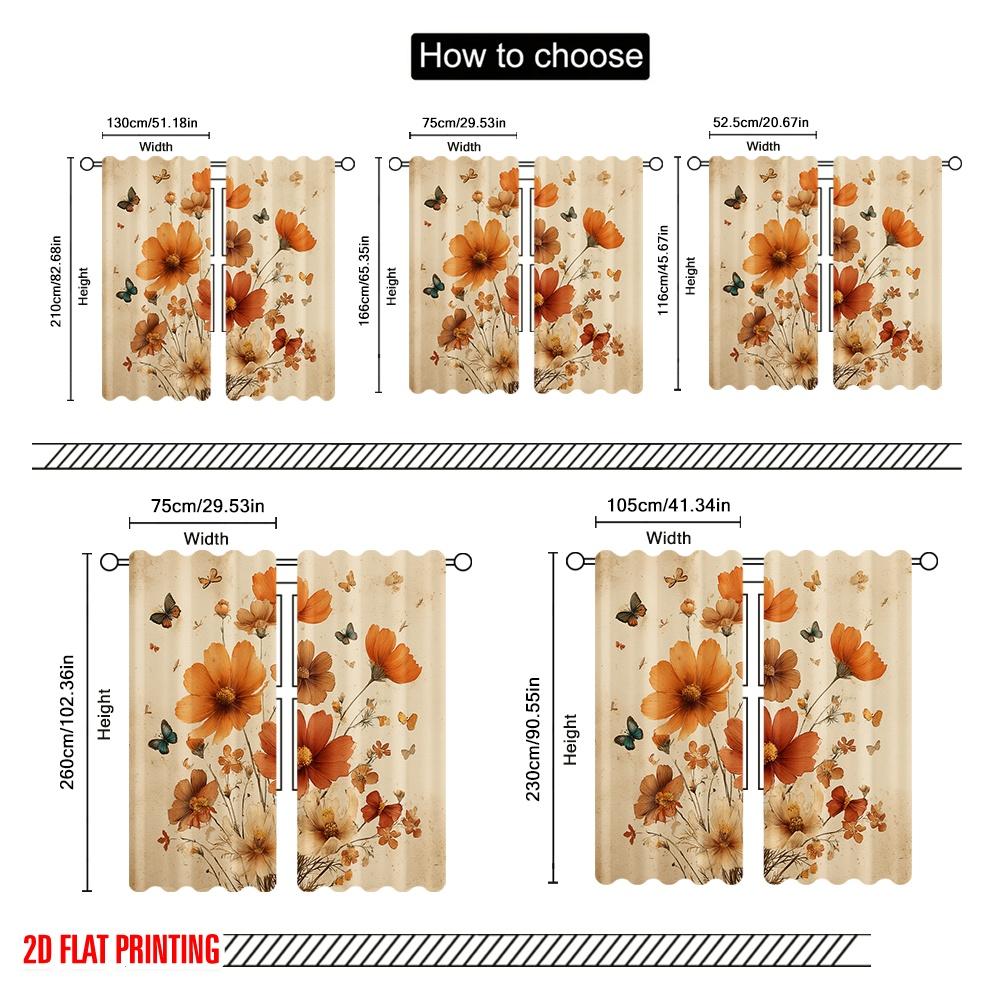 2pcs,2D Plane Printing Curtains Digital Printed Butterfly Blooms Polyester Easy Install (without Rod) Decorations For Home for