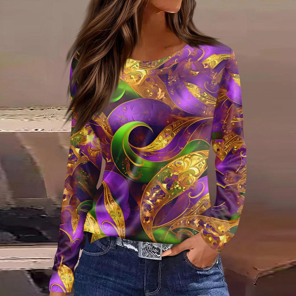 Women's Fashion Casual Slit Hem Round Neck Long Sleeve Loose Printed T-Shirt Top