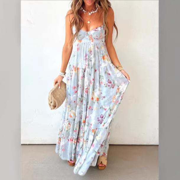 Sommer Neues Design Damen Bedrucktes Ärmelloses Rückenfreies Elegantes Kleid mit Trägerdesign