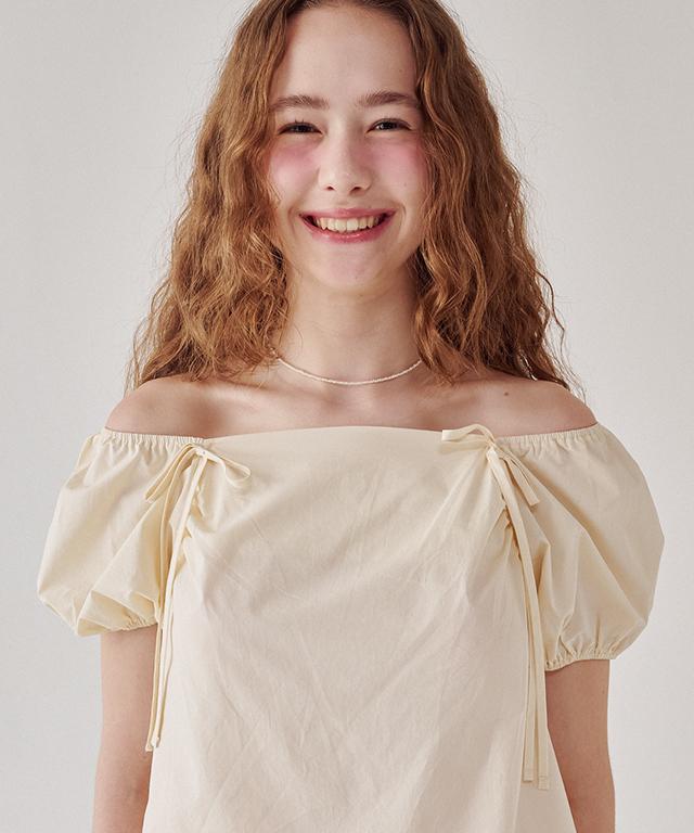 RONRON Shirring Ribbon 2 Way Puff Sleeve Half Blouse Cream