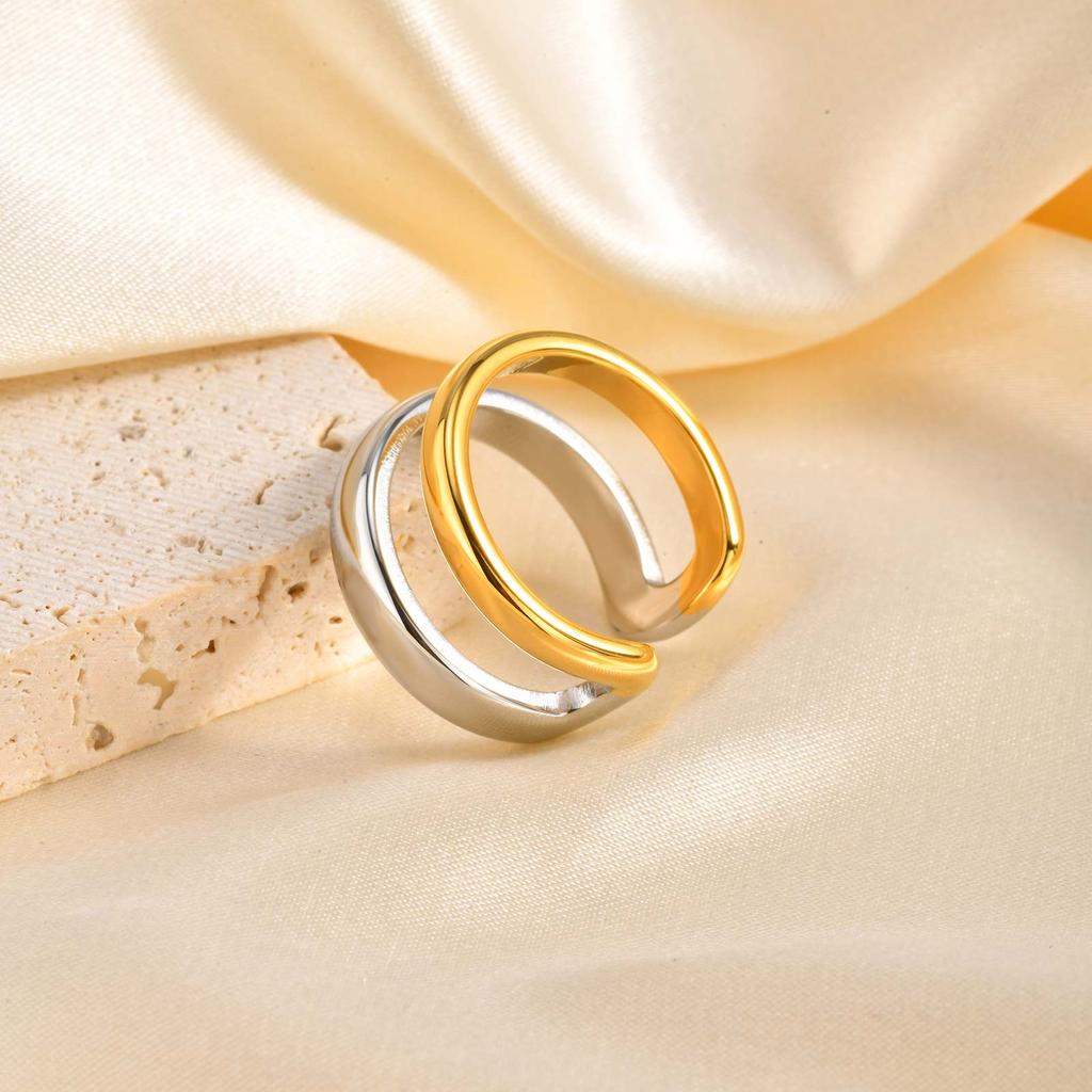 Highly Polished Double-layer Geometric Open Ring for Women,Gold Plated Stainless Steel Rings,Punk Wedding Ring Jewelry Gift