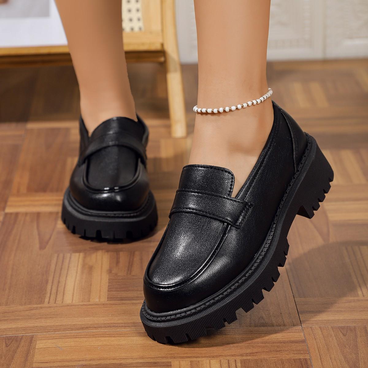 

Women s spring and autumn new British style small leather shoes platform muffin casual round head black platform single shoes 42