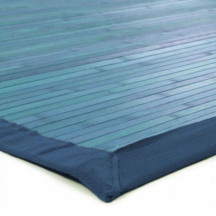 Bambusteppich Latten und blaue Borte 70x120