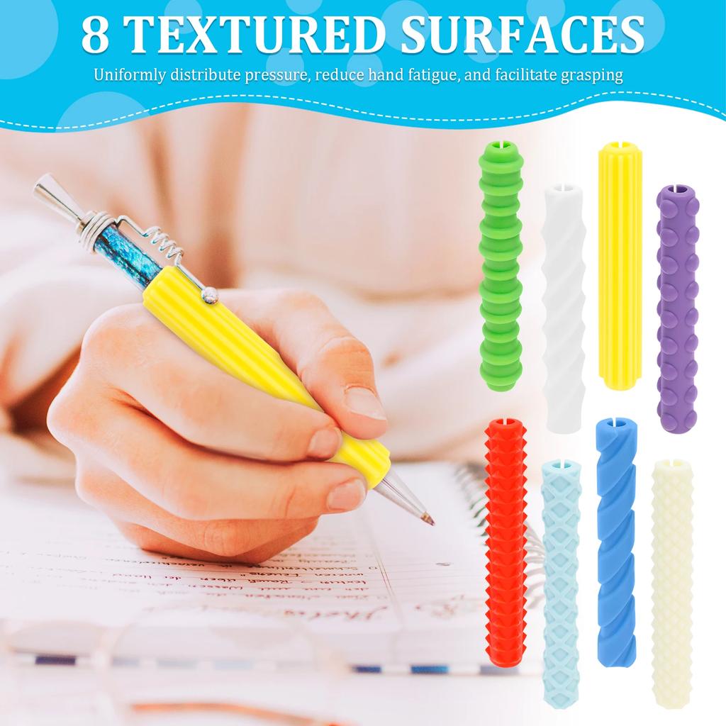 8Pcs Textured Silicone Pen Grips Children Student Pencil Aid Grip Set Reusable Sensory Pencil Sleeve Handwriting Pen Sleeve Tool