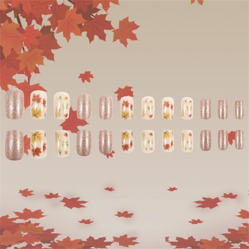 24pcs Autumn Maple Leaves Press On Nails Short Square Artificial Nails Stick on Nails For Thanksgiving Party