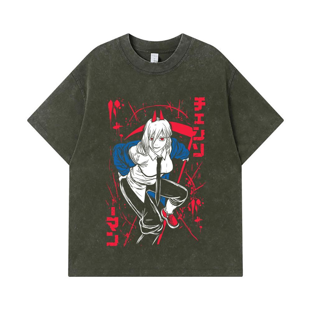 275 GSM Washed T-shirts 100% Cotton Chainsaw Man V32 Power Print Unisex Heavy Cotton T Shirt S