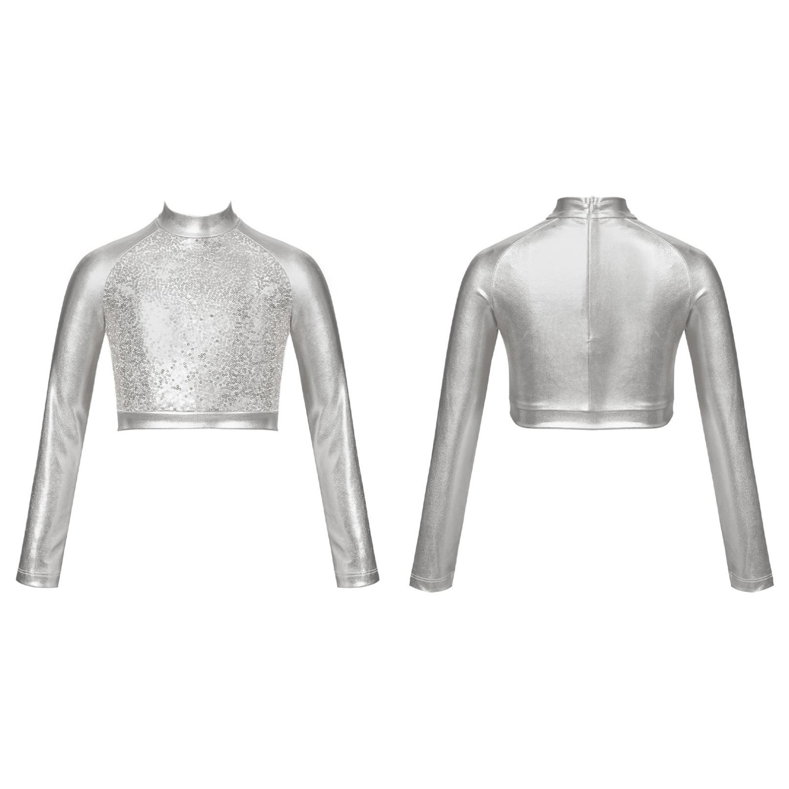 

Футболка з довгими рукавами для дітей, блискучий металевий хіп-хоп, танцювальний одяг, блискітки, сучасний танцювальний одяг 7-8 Years срібний