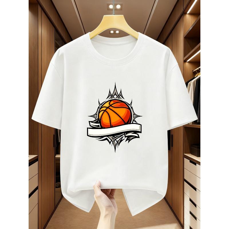 unisex's Plus Size Cotton T-Shirt with Basketball Hoop & Court - Short Sleeve Round Neck Casual Summer Tee for Spring Summer Fall - Machine Washable