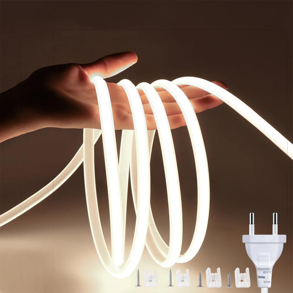 220V COB LED Strip Light EU Power Plug IP67 Buckle Fixation LED Strip Lamp Flexible COB Linear Light Bar 3000K 4000K 6000K 1-21m