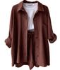 2024 Autumn Women's Two-Piece Set: Wrinkled Long Sleeve Shirt & High Waist Drawstring Shorts
