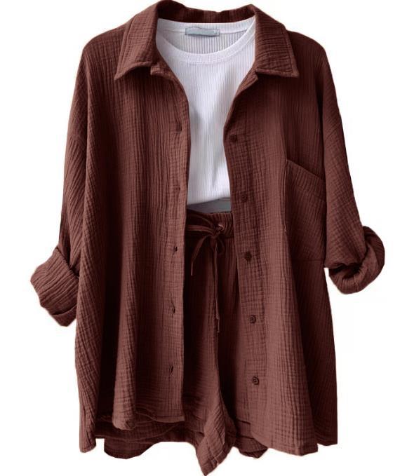 2024 Autumn Women's Two-Piece Set: Wrinkled Long Sleeve Shirt & High Waist Drawstring Shorts