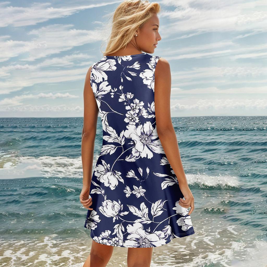 Summer Dresses For Women Beach Boho Sleeveless Printing Flowy Pocket Tshirt Tank Sundresses