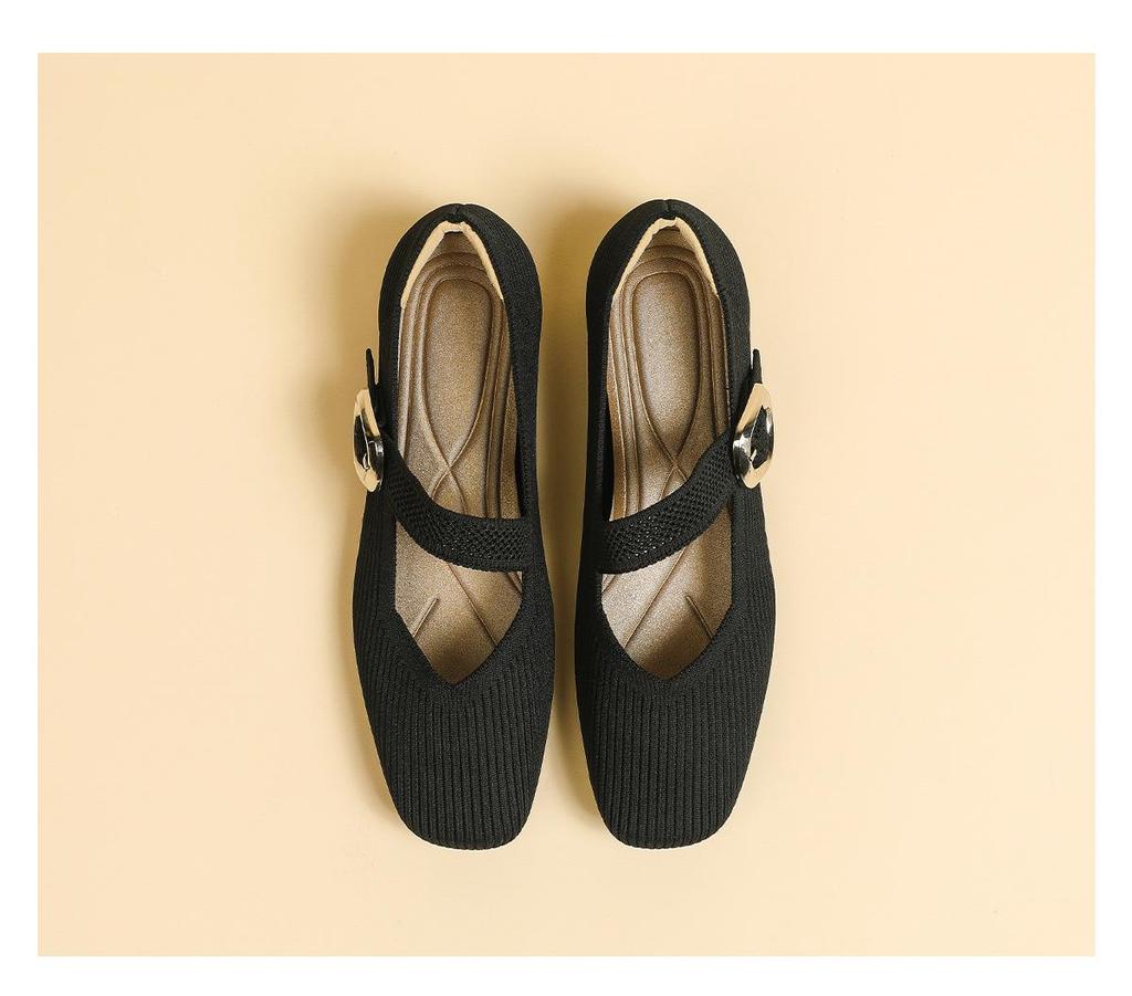 2024 Square Toe Queen's Knit Mary Jane Loafers - Soft Sole, Low Cut, Spring/Summer Style.