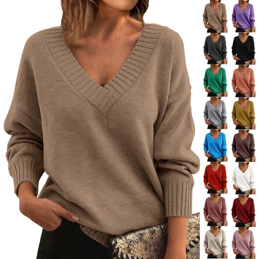 Women's Fashion Casual Solid Color Sweater Set Head V Neck Warm Long-sleeved Sweater