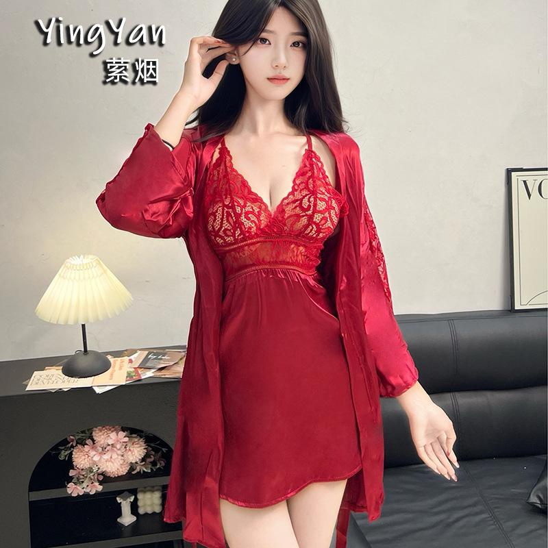 

Sexy deep V-neck splicing lace suspender nightdress hot lace-up robe loungewear set free size ( 40-60kg )