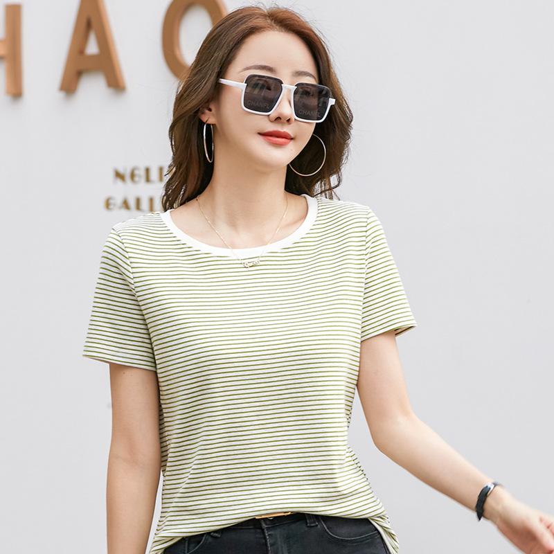 Women'S Striped T-Shirt Elegant Slim O-Neck Short Sleeve Cotton Top Loose Fit Office Casual Knitted Summer Women'S Tee Shirt