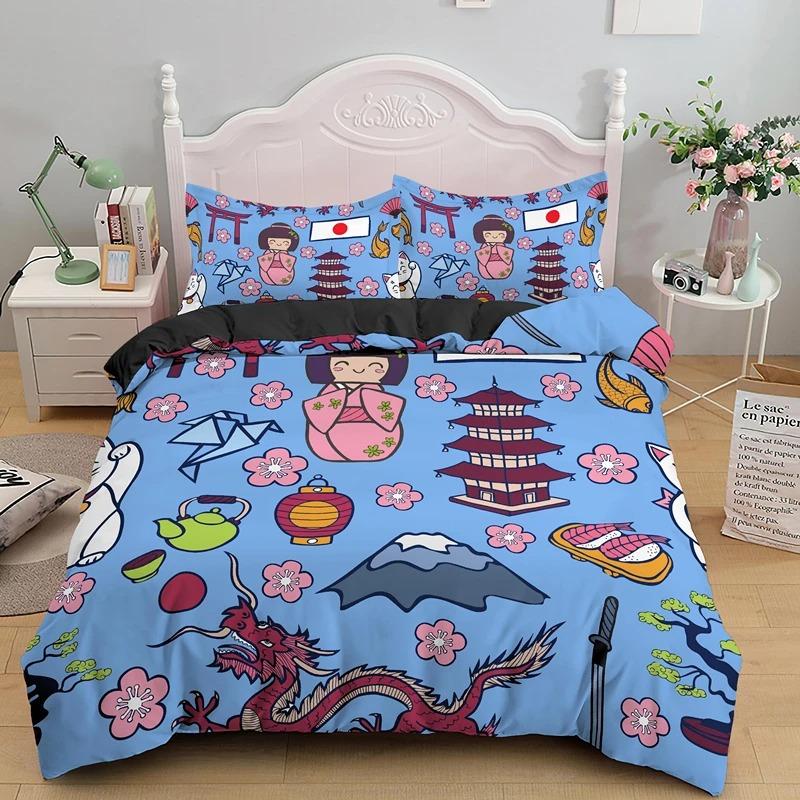 Japanese Doll Duvet Cover King Queen Lucky Cat Fan Bedding Set for Kids Girls Asian Japan Cultural 23PCS Polyester Quilt Cover
