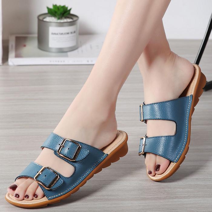 Women Summer Genuine Leather Platform Slippers