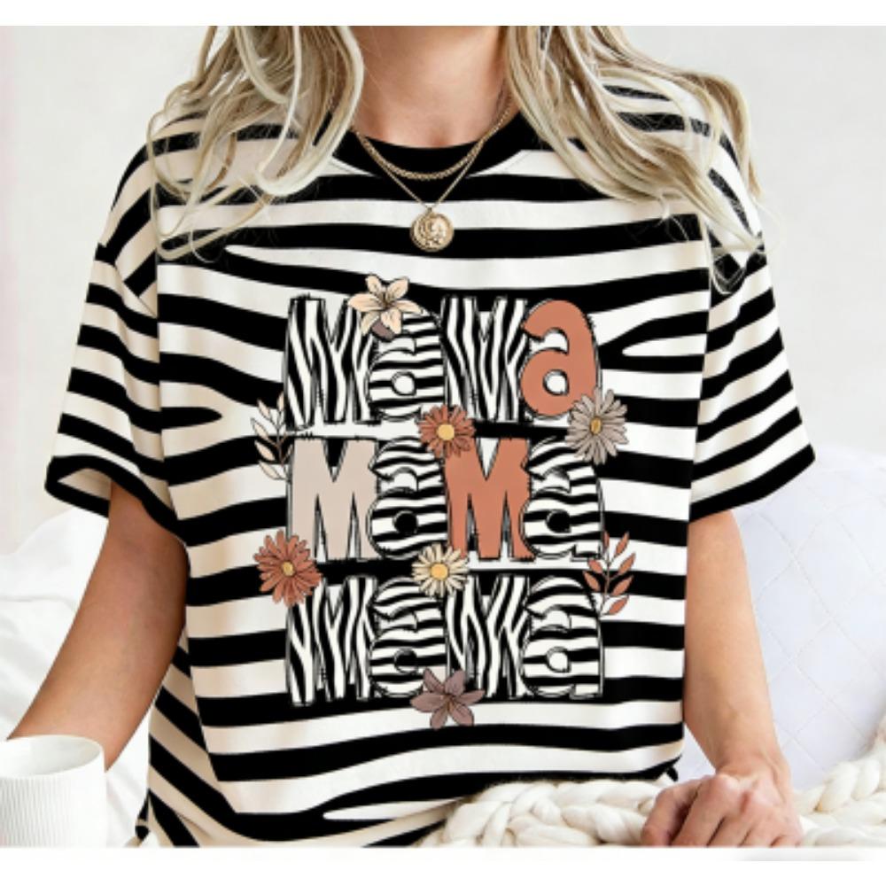 Fashion Funny Flower Leopard Mama Letter Print Women's Short Sleeves T-Shirt Loose Casual Summer Outdoor Street Women's Tees Tops