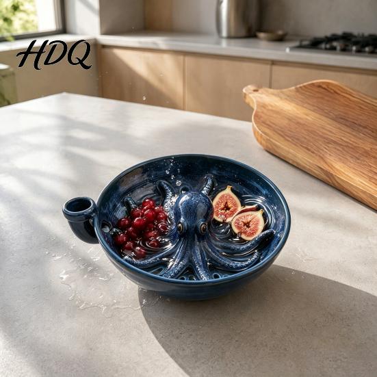 Sturdy Ceramic Draining Dish Octopus Shaped Berry Washing Bowl with Drainage Slots Retro Style Creative Kitchen Countertop Decor Fruit Strainer,