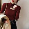 Ancola Red Semi-High Neck Hollowed-Out Knitted Sweater: Women's Slim-Fit Autumn/Winter Fashionable Mid-Neck Top
