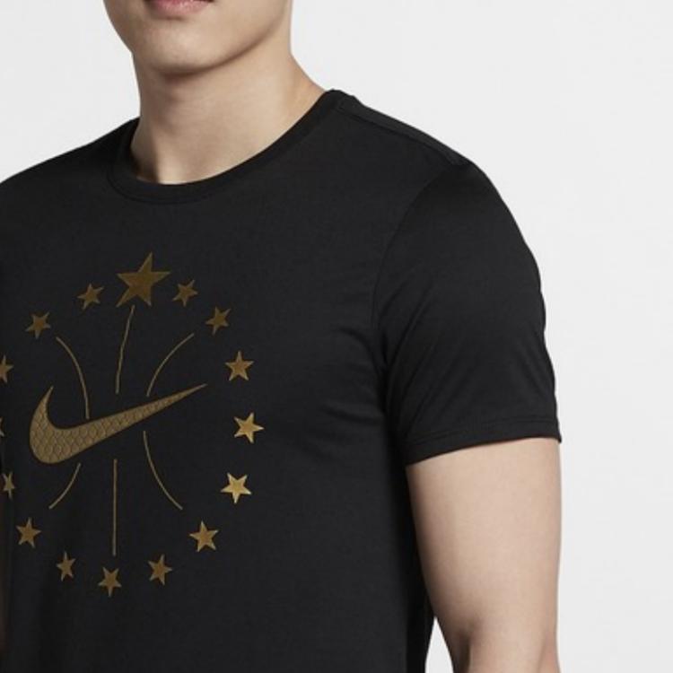 Nike Metallic Gold Logo Dri-Fit Basketball T-Shirt Men Tops Black 913343-010