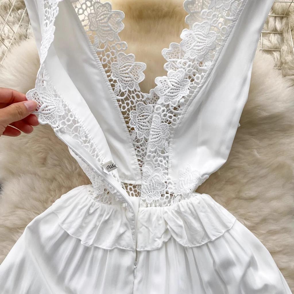 Summer Holiday Flower Embroidery Patchwork White Tank Long Maxi Dress Women's Sleeveless V Neck Lace Trims Hollow Out Beach Robe